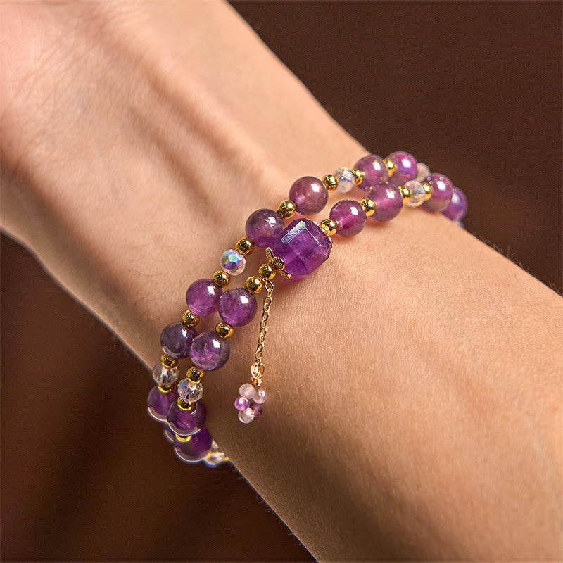 Natural Amethyst Square Bead and Copper Double Wrap Meditation Bracelet