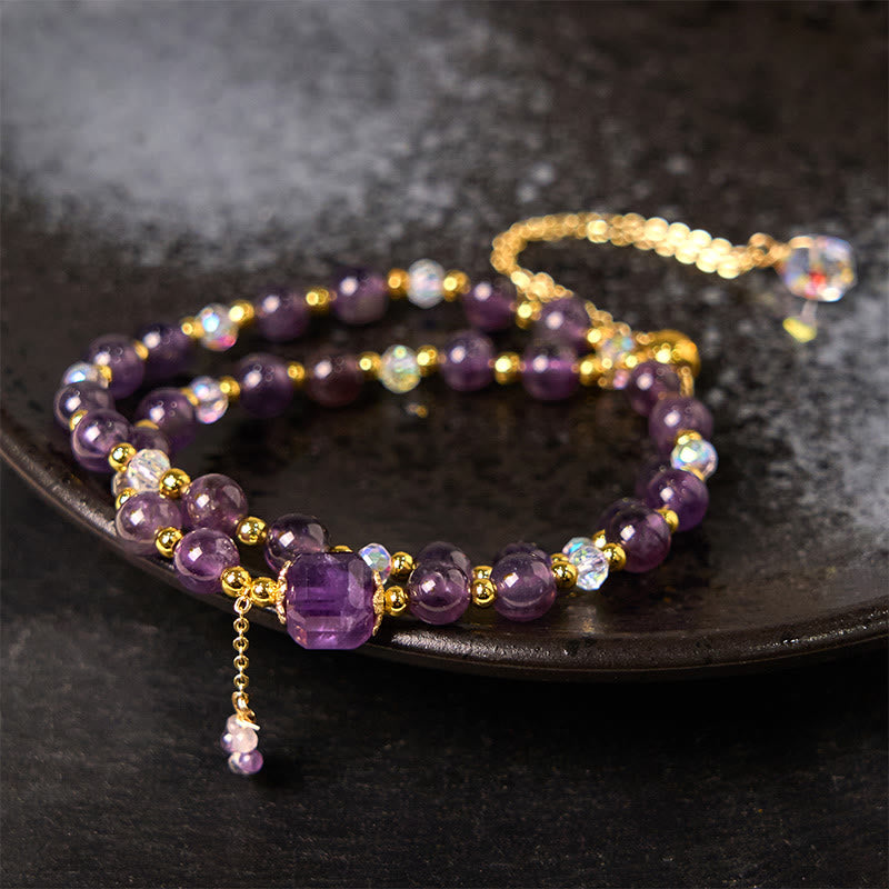 Natural Amethyst Square Bead and Copper Double Wrap Meditation Bracelet