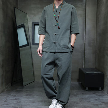 Breathable Cotton Linen Frog Button Meditation Shirt and Pants Set