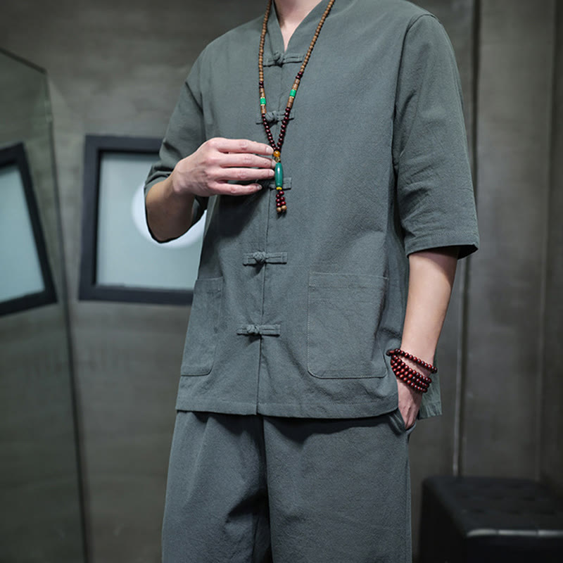 Breathable Cotton Linen Frog Button Meditation Shirt and Pants Set