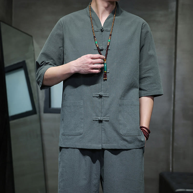 Breathable Cotton Linen Frog Button Meditation Shirt and Pants Set