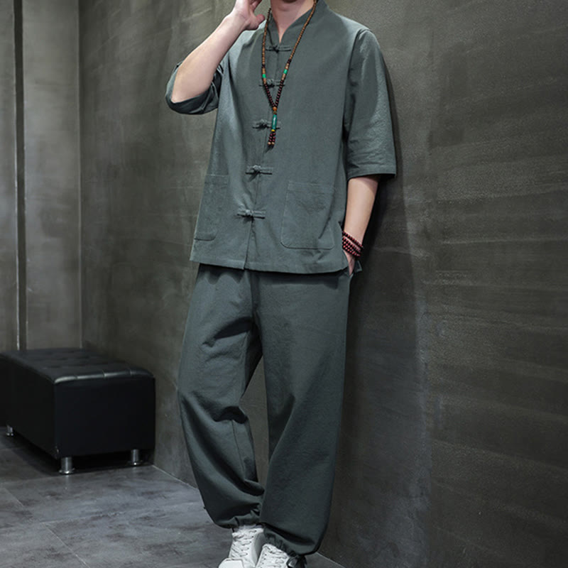 Breathable Cotton Linen Frog Button Meditation Shirt and Pants Set