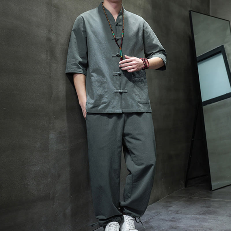 Breathable Cotton Linen Frog Button Meditation Shirt and Pants Set