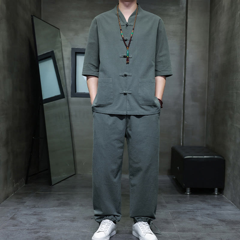 Breathable Cotton Linen Frog Button Meditation Shirt and Pants Set