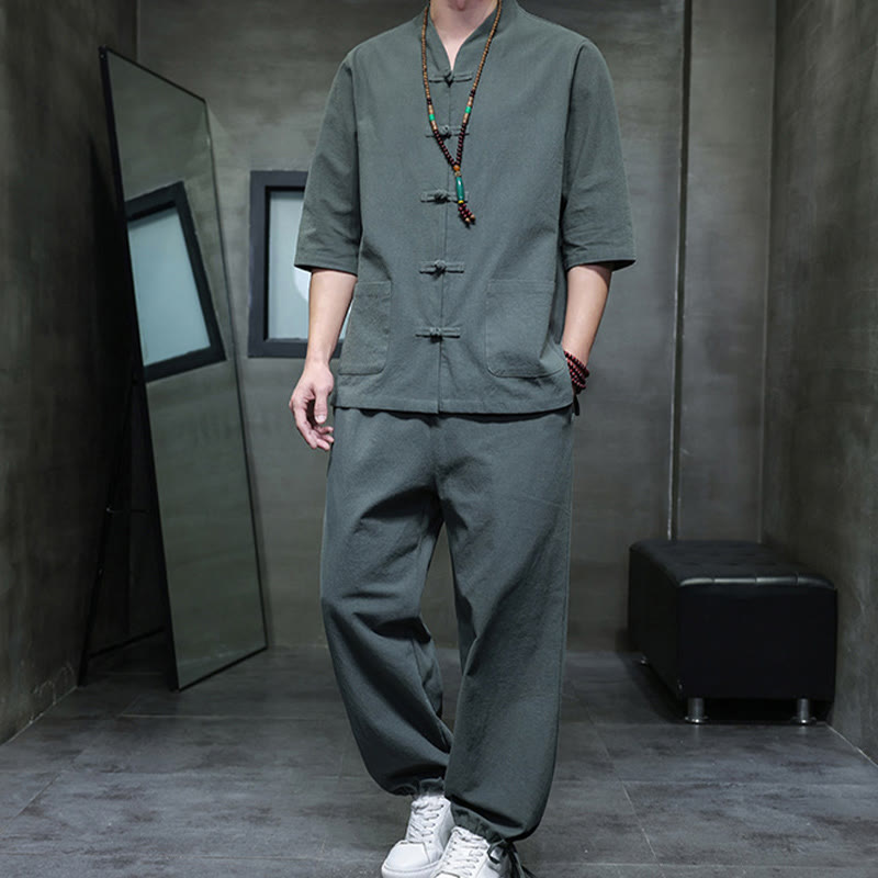 Breathable Cotton Linen Frog Button Meditation Shirt and Pants Set