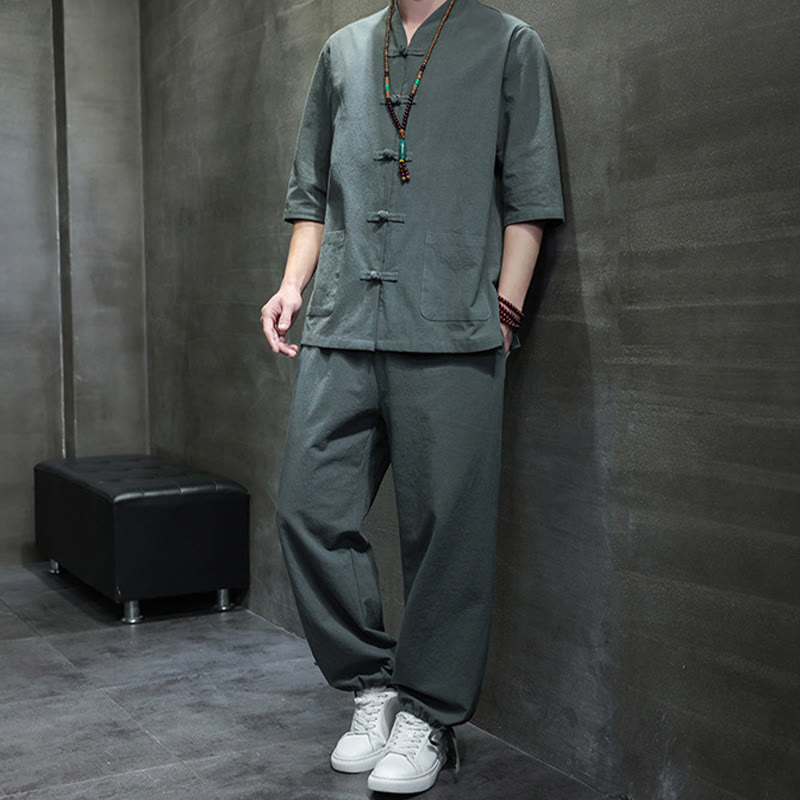 Breathable Cotton Linen Frog Button Meditation Shirt and Pants Set
