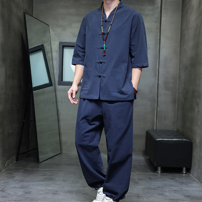 Breathable Cotton Linen Frog Button Meditation Shirt and Pants Set