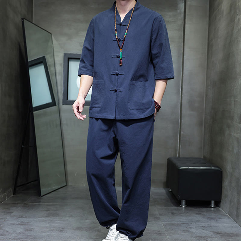 Breathable Cotton Linen Frog Button Meditation Shirt and Pants Set