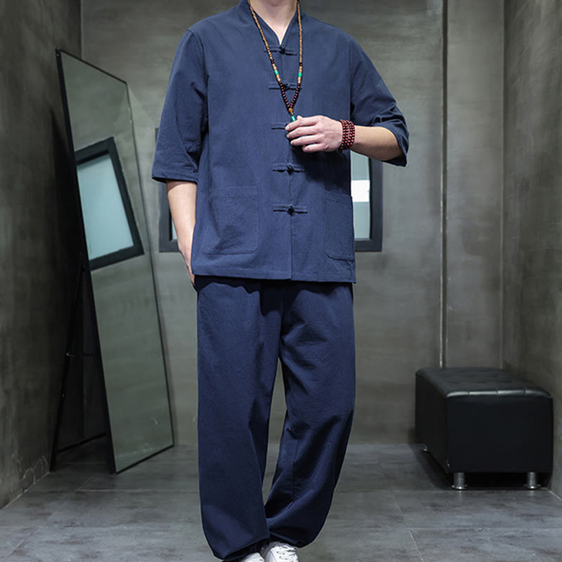 Breathable Cotton Linen Frog Button Meditation Shirt and Pants Set