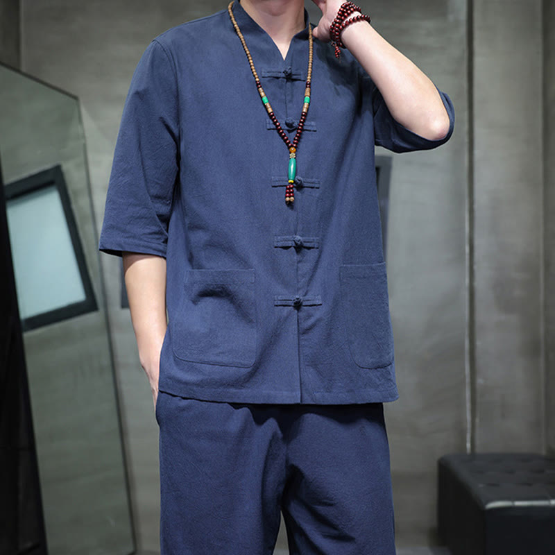 Breathable Cotton Linen Frog Button Meditation Shirt and Pants Set