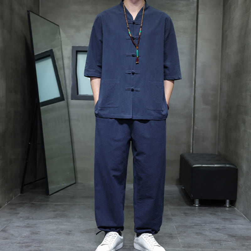 Breathable Cotton Linen Frog Button Meditation Shirt and Pants Set