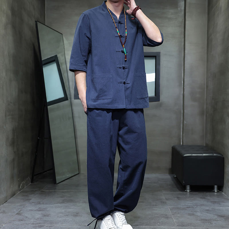 Breathable Cotton Linen Frog Button Meditation Shirt and Pants Set