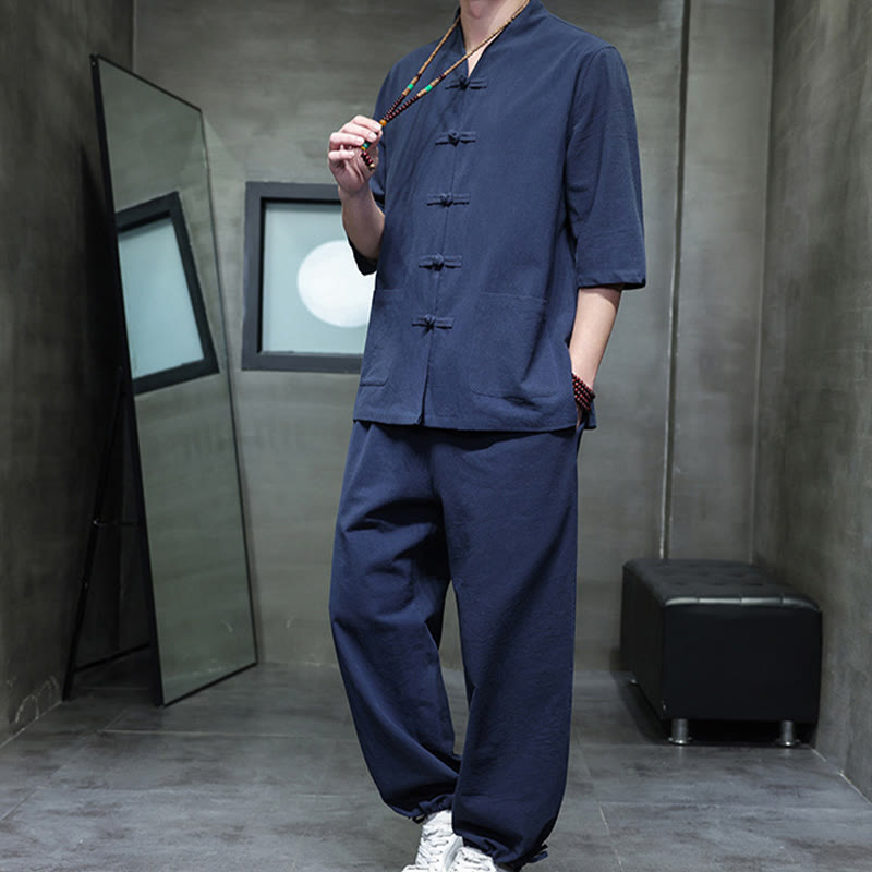 Breathable Cotton Linen Frog Button Meditation Shirt and Pants Set