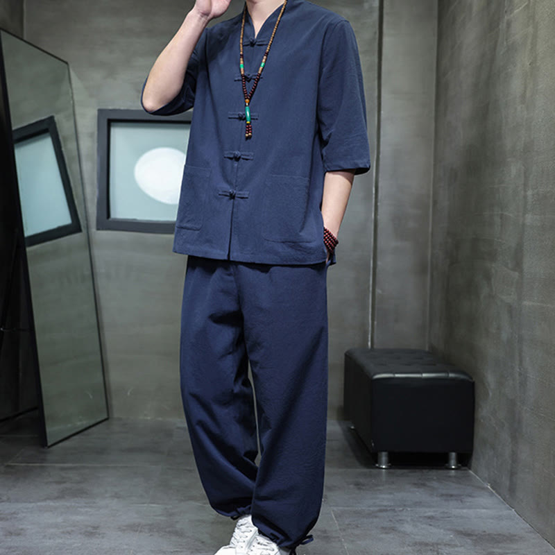 Breathable Cotton Linen Frog Button Meditation Shirt and Pants Set
