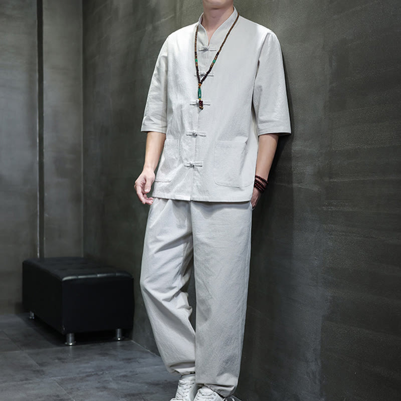 Breathable Cotton Linen Frog Button Meditation Shirt and Pants Set