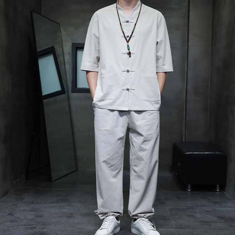 Breathable Cotton Linen Frog Button Meditation Shirt and Pants Set