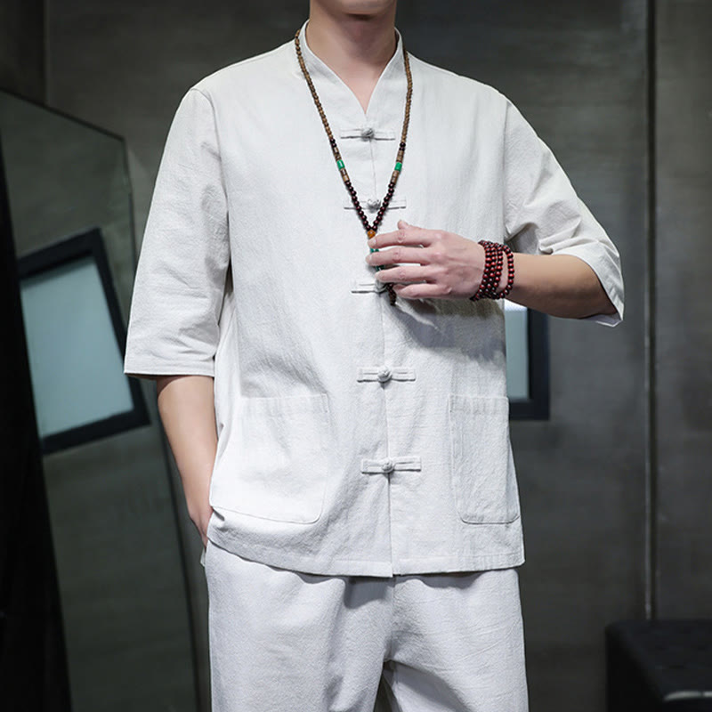 Breathable Cotton Linen Frog Button Meditation Shirt and Pants Set