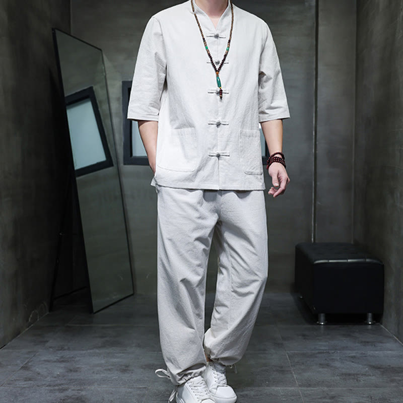 Breathable Cotton Linen Frog Button Meditation Shirt and Pants Set