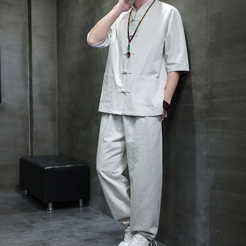Breathable Cotton Linen Frog Button Meditation Shirt and Pants Set