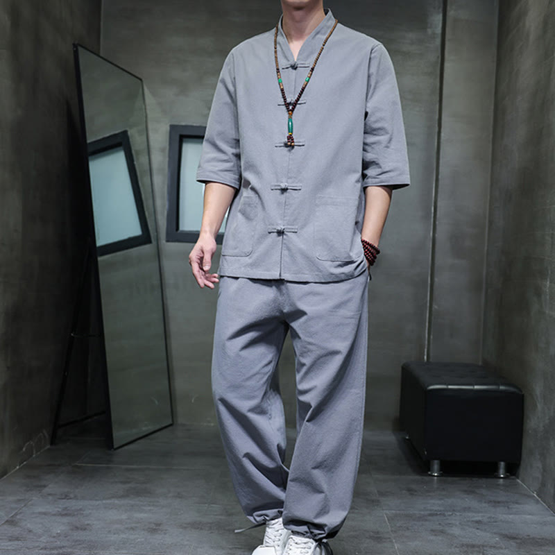 Breathable Cotton Linen Frog Button Meditation Shirt and Pants Set