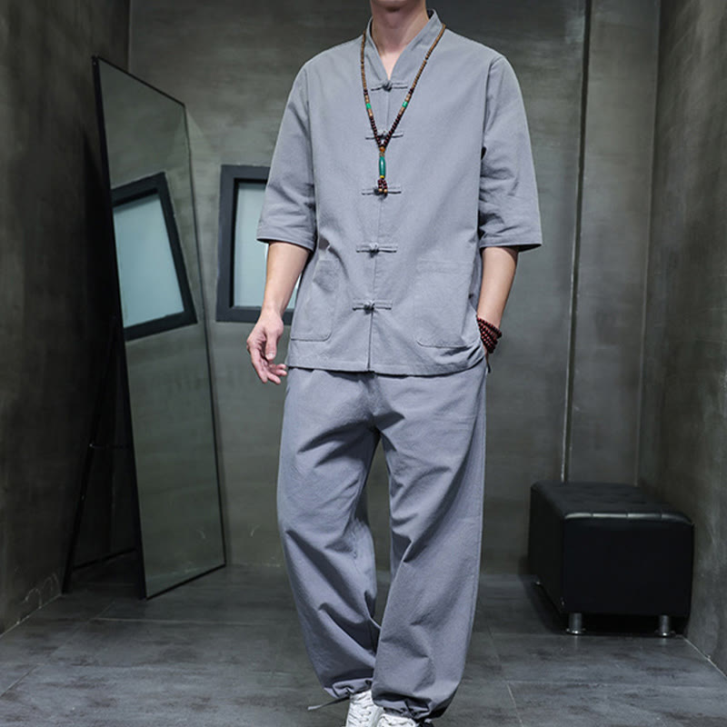Breathable Cotton Linen Frog Button Meditation Shirt and Pants Set