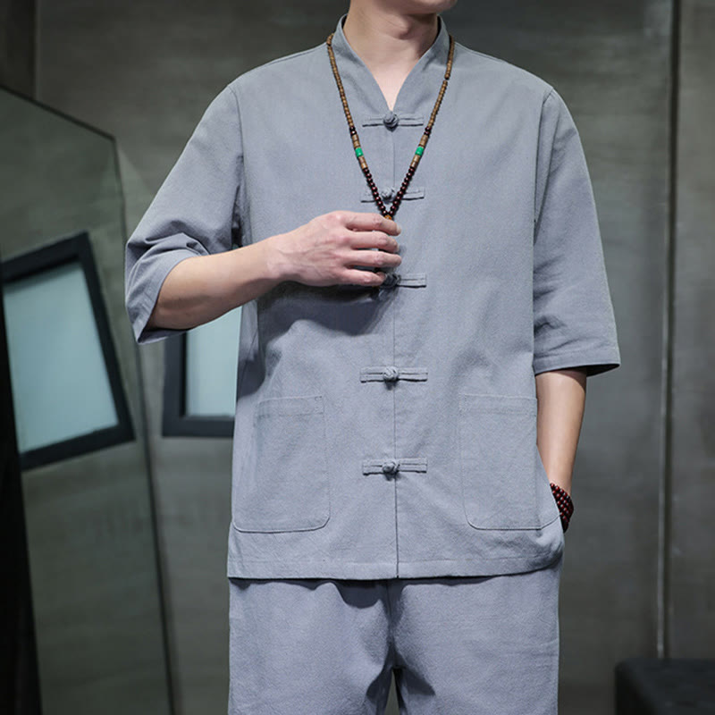 Breathable Cotton Linen Frog Button Meditation Shirt and Pants Set