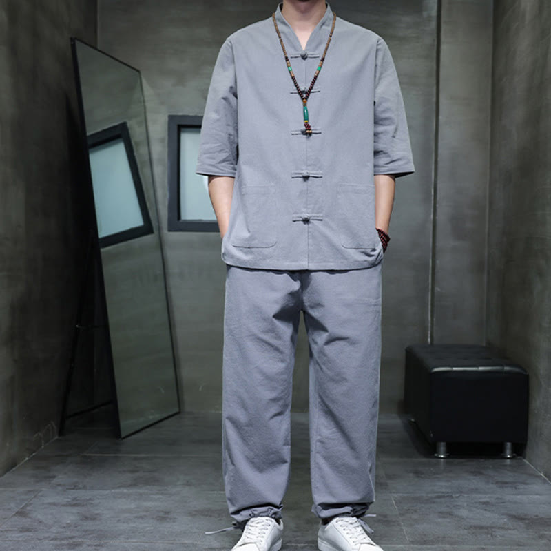 Breathable Cotton Linen Frog Button Meditation Shirt and Pants Set