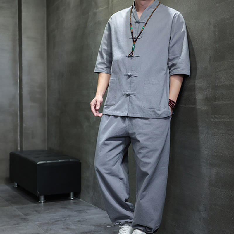 Breathable Cotton Linen Frog Button Meditation Shirt and Pants Set