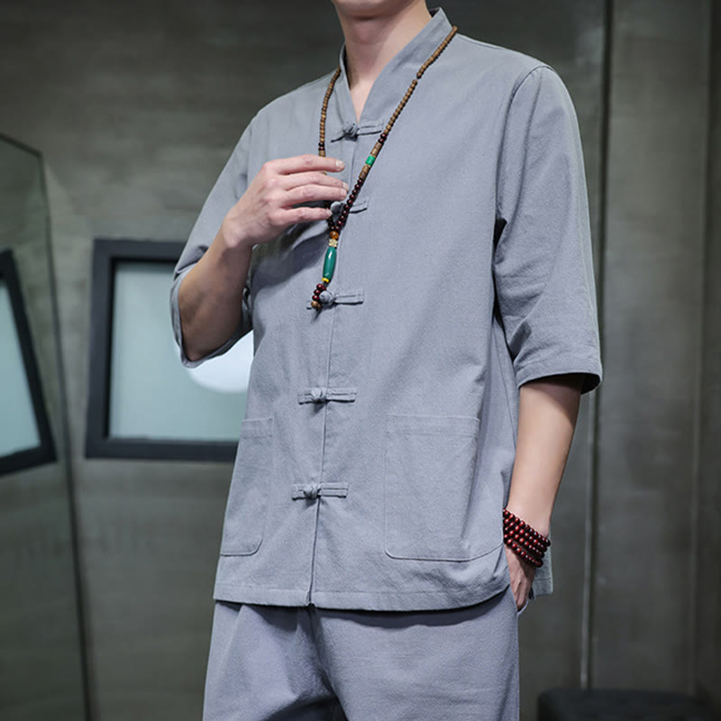 Breathable Cotton Linen Frog Button Meditation Shirt and Pants Set