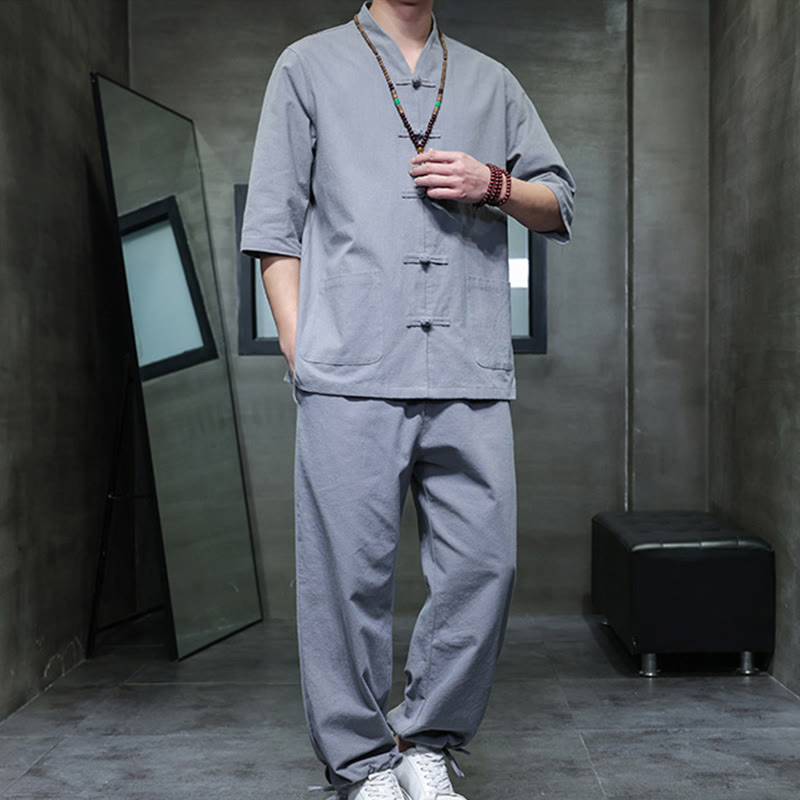 Breathable Cotton Linen Frog Button Meditation Shirt and Pants Set