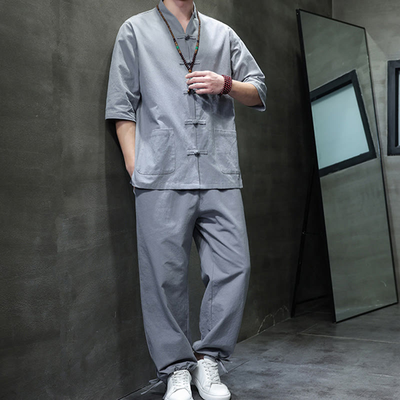 Breathable Cotton Linen Frog Button Meditation Shirt and Pants Set