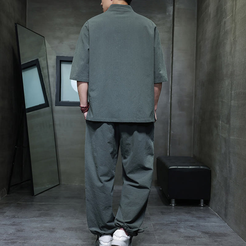 Breathable Cotton Linen Frog Button Meditation Shirt and Pants Set