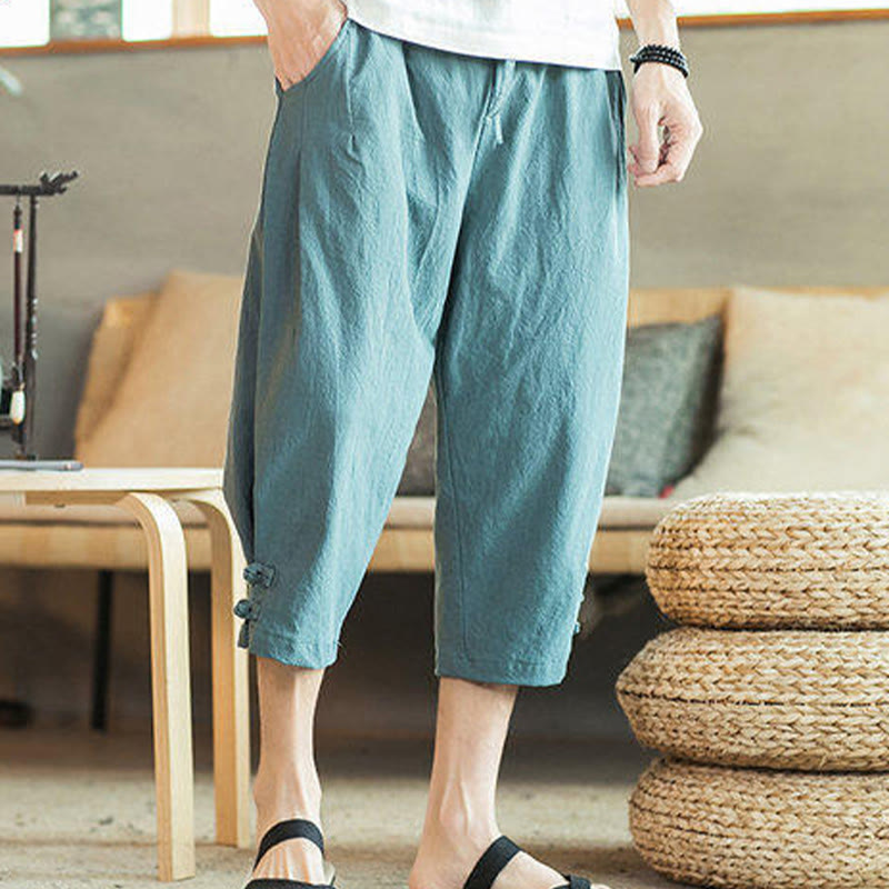 Crane Embroidery Cotton Men's Cropped Harem Pants With Pockets