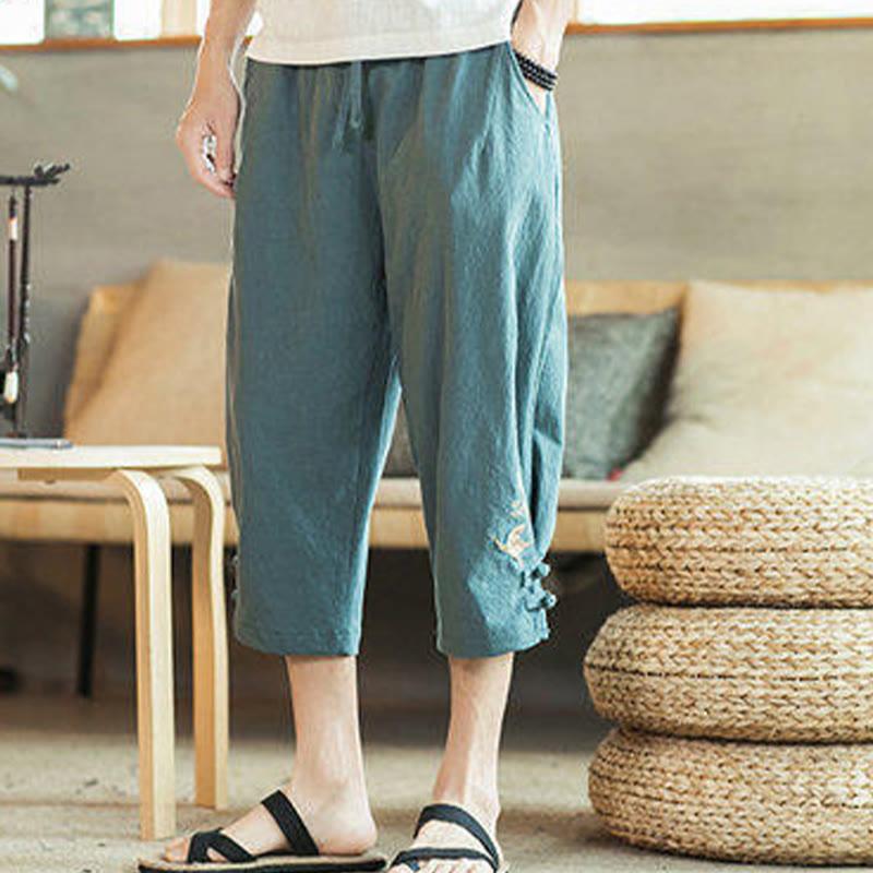 Crane Embroidery Cotton Men's Cropped Harem Pants With Pockets