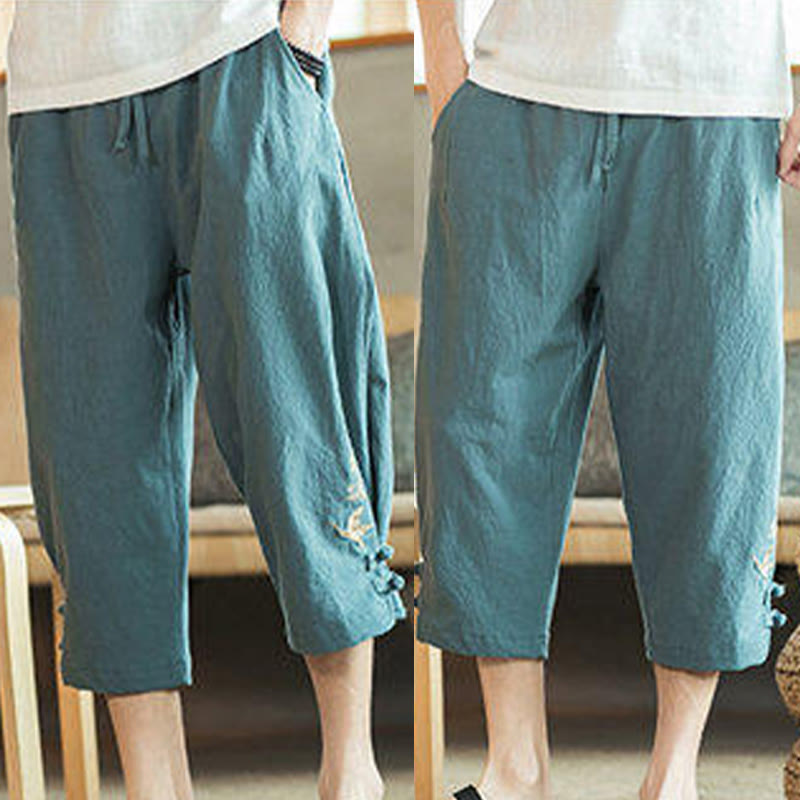 Crane Embroidery Cotton Men's Cropped Harem Pants With Pockets