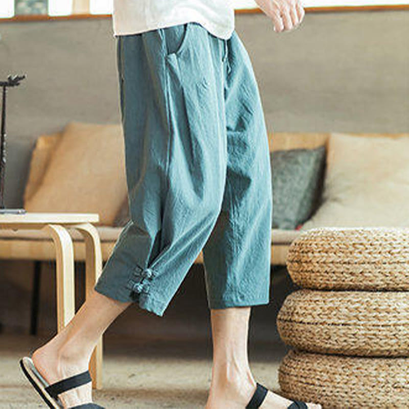 Crane Embroidery Cotton Men's Cropped Harem Pants With Pockets