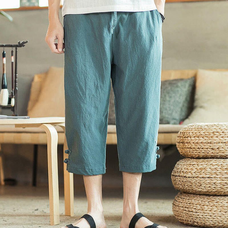 Crane Embroidery Cotton Men's Cropped Harem Pants With Pockets