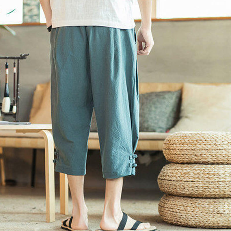 Crane Embroidery Cotton Men's Cropped Harem Pants With Pockets