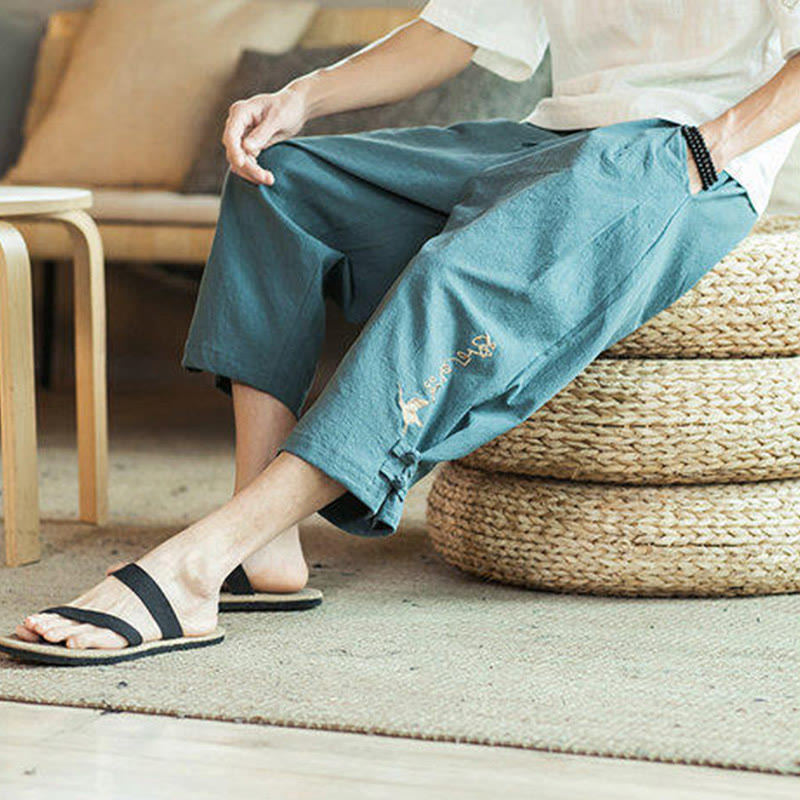 Crane Embroidery Cotton Men's Cropped Harem Pants With Pockets