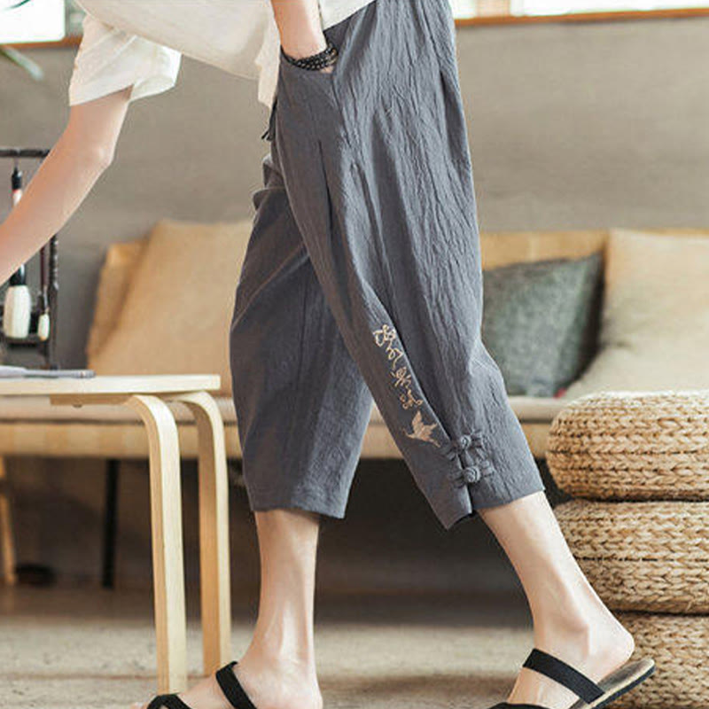 Crane Embroidery Cotton Men's Cropped Harem Pants With Pockets