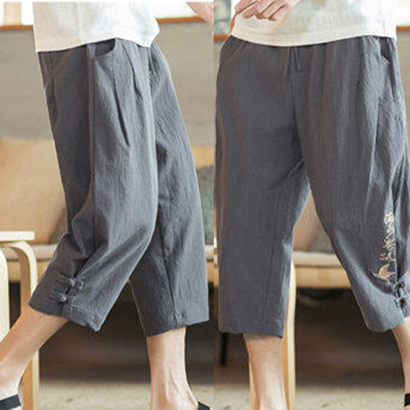 Crane Embroidery Cotton Men's Cropped Harem Pants With Pockets