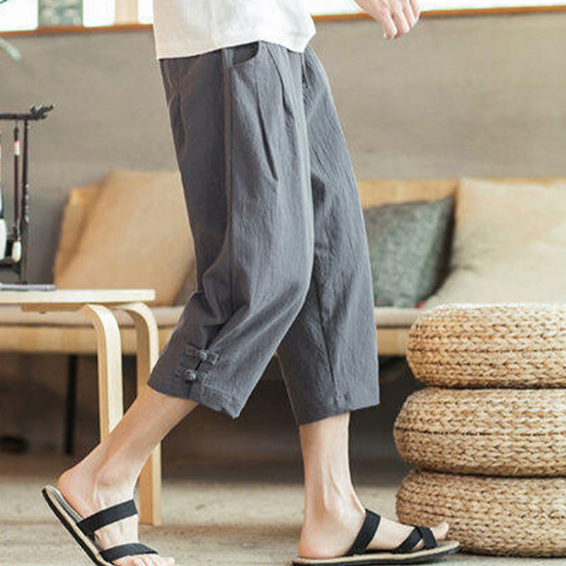 Crane Embroidery Cotton Men's Cropped Harem Pants With Pockets