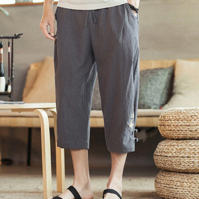 Crane Embroidery Cotton Men's Cropped Harem Pants With Pockets