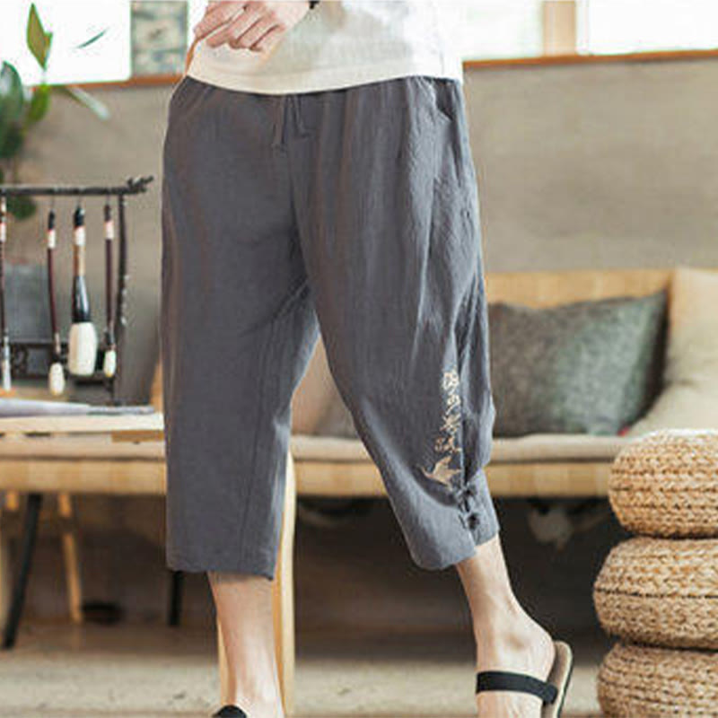Crane Embroidery Cotton Men's Cropped Harem Pants With Pockets
