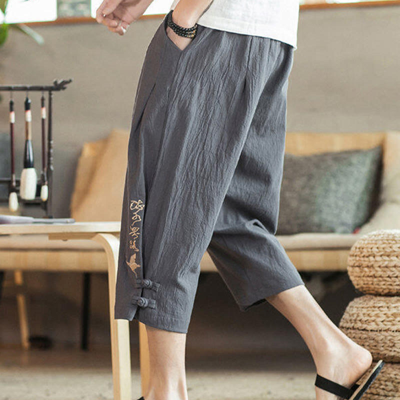 Crane Embroidery Cotton Men's Cropped Harem Pants With Pockets