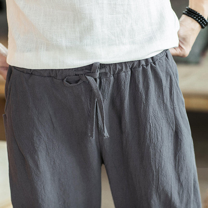 Crane Embroidery Cotton Men's Cropped Harem Pants With Pockets