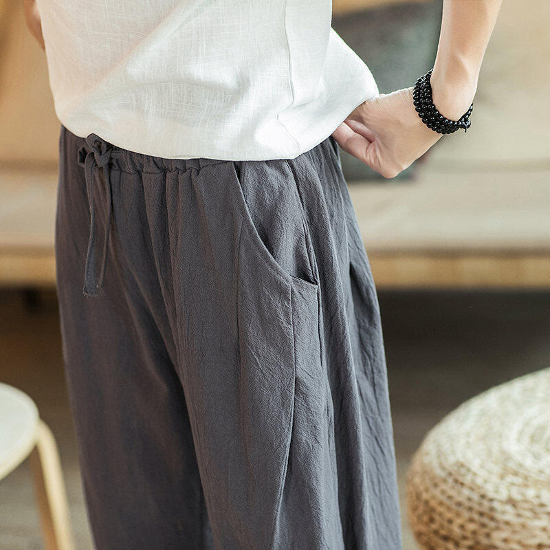 Crane Embroidery Cotton Men's Cropped Harem Pants With Pockets