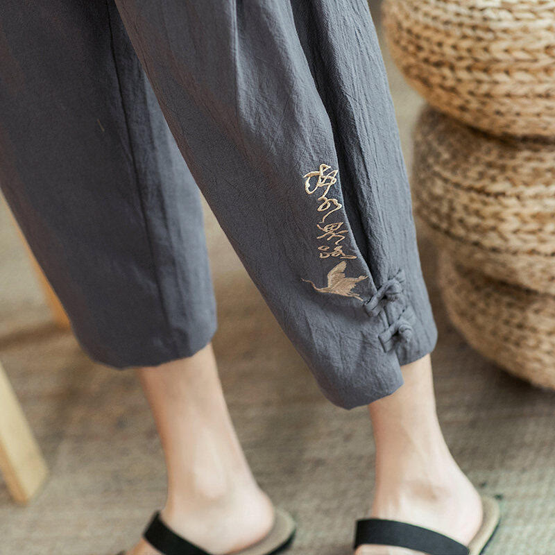 Crane Embroidery Cotton Men's Cropped Harem Pants With Pockets