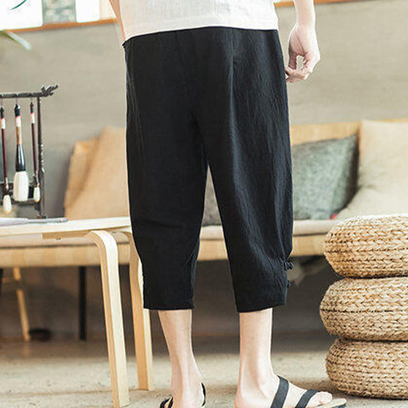 Crane Embroidery Cotton Men's Cropped Harem Pants With Pockets