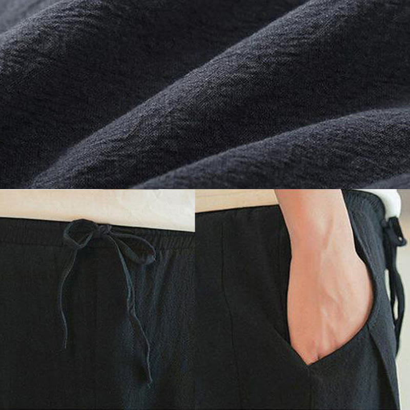 Crane Embroidery Cotton Men's Cropped Harem Pants With Pockets